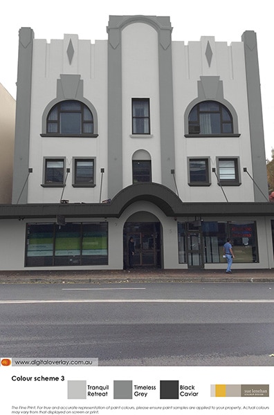 Overlay of a grey colour scheme on an Art Deco building