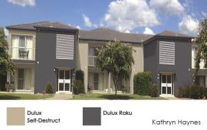 Townhouses in beige and dark grey colour scheme, matching the existing blue gutters