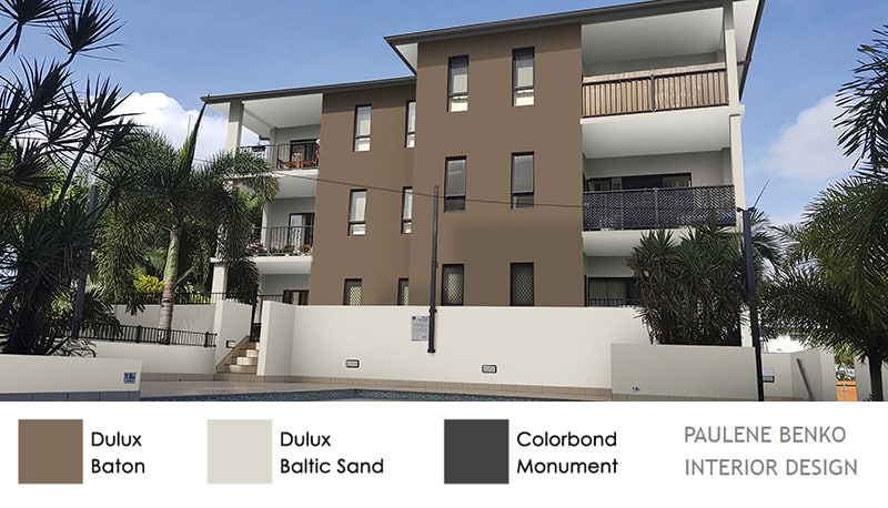 Until block apartments in beige-white with mocha feature wall and charcoal colour scheme