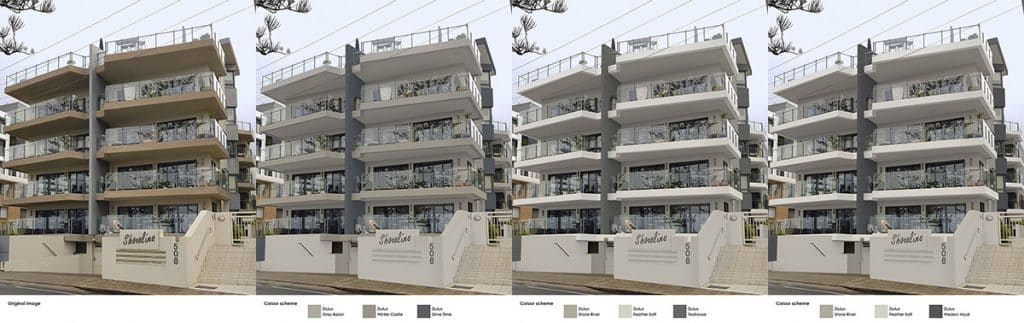 Strata Property in original colour scheme and digital overlays of new colour schemes